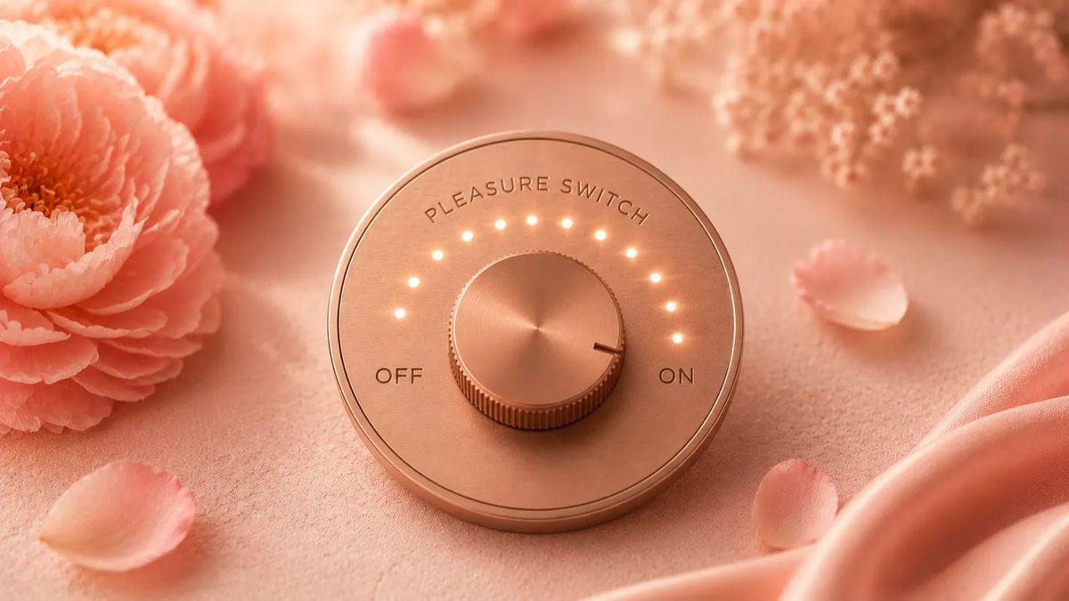 A rose-gold dial marked Pleasure Switch surrounded by soft pink blooms