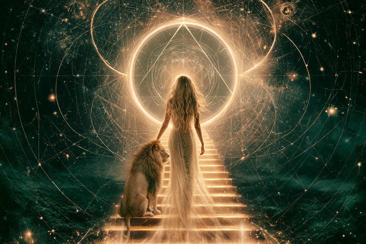 A woman and a lion at the foot of a glowing golden stairway beneath a radiant portal